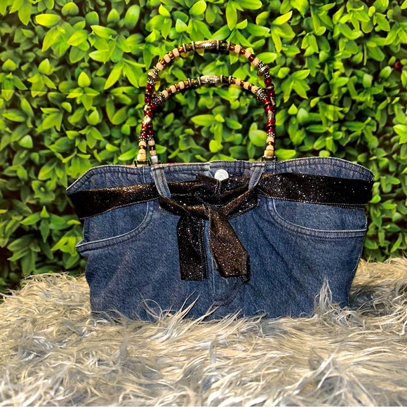 RETRO Original BOOTIE BAG Repurposed Denim Beaded Handles Glittery Belt - Picture 1 of 15